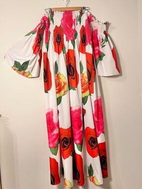 Girls Off-Shoulder Floral Maxi Dress in White with Red & Pink Roses